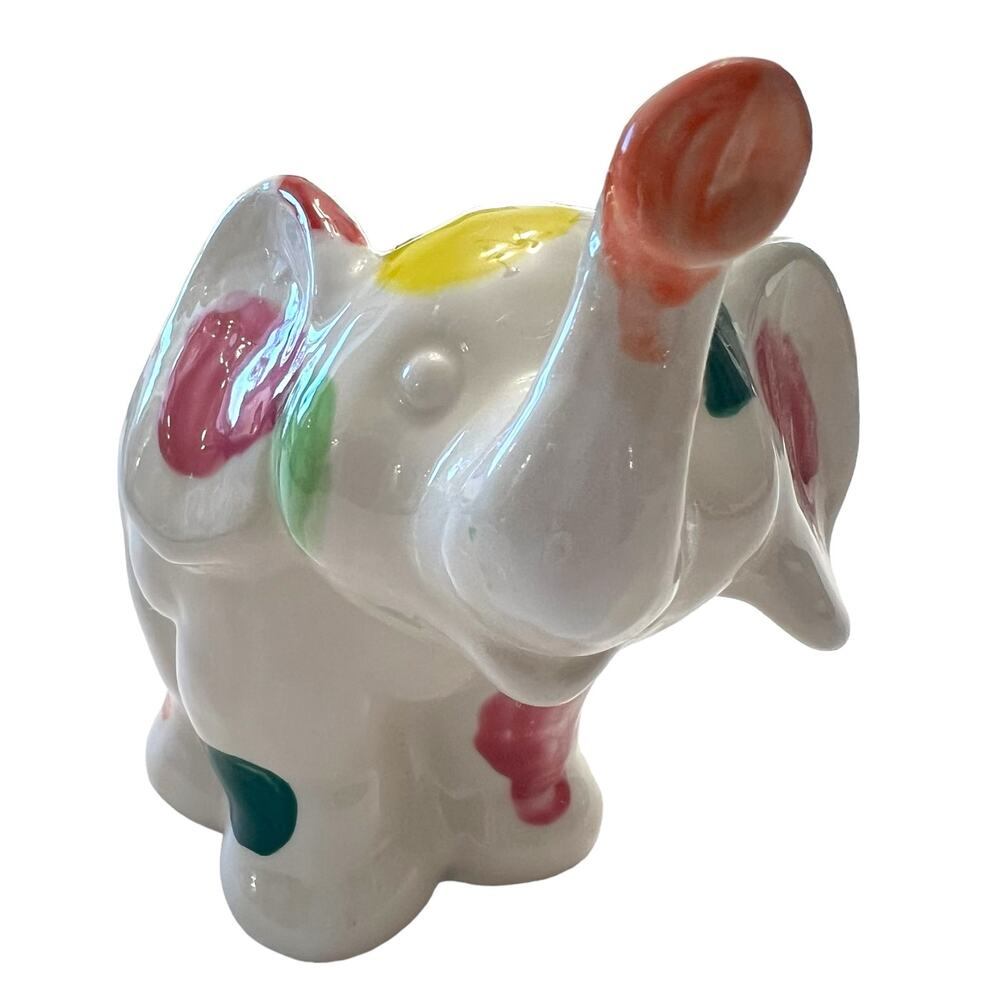 Hand painted Signed Ceramic Elephant with Multi Colored Polka Dots